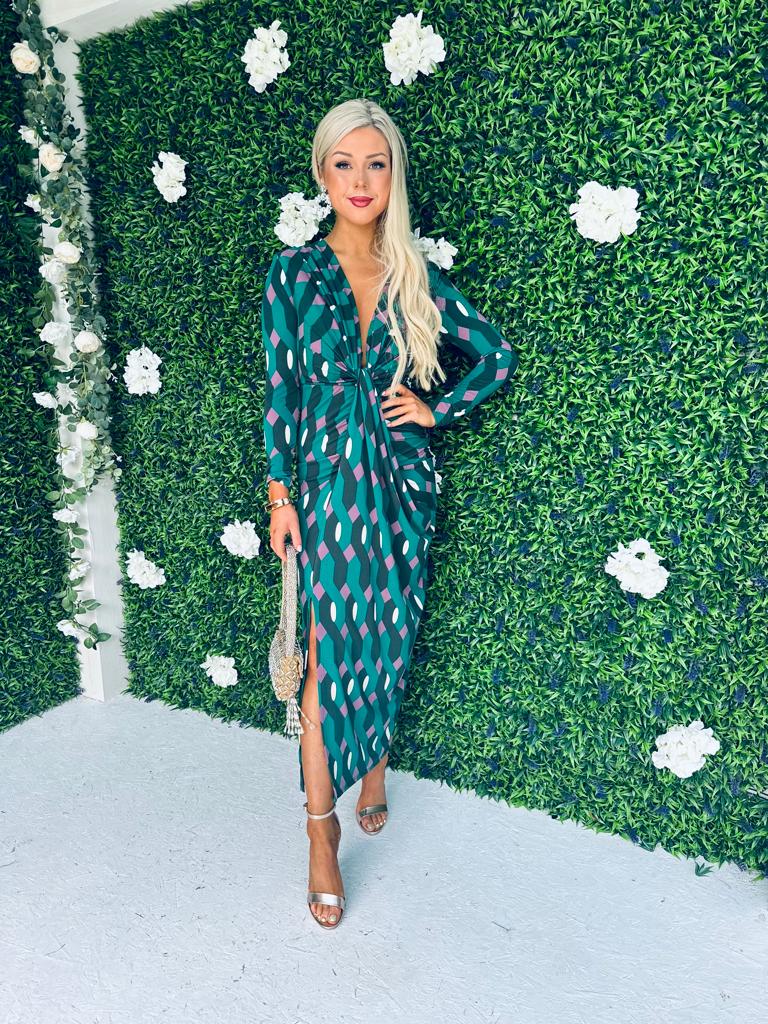 Mercedes Plunge Midi Dress Geo Green