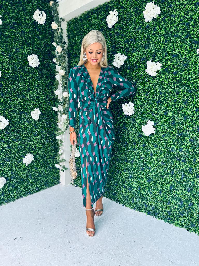 Mercedes Plunge Midi Dress Geo Green