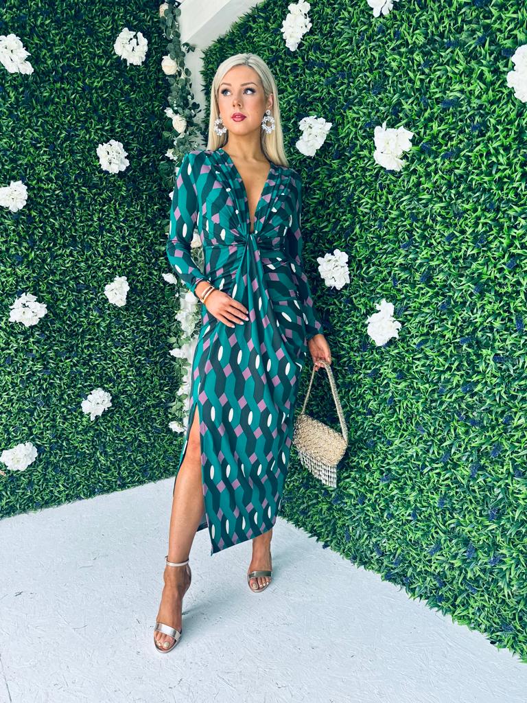 Mercedes Plunge Midi Dress Geo Green