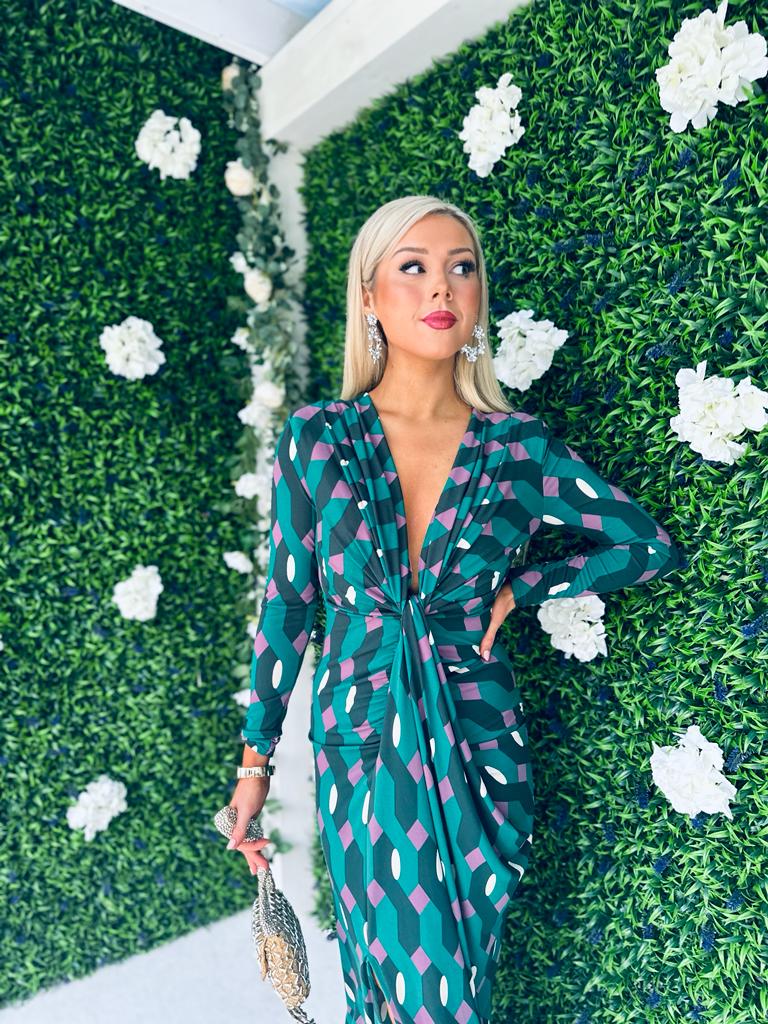 Mercedes Plunge Midi Dress Geo Green
