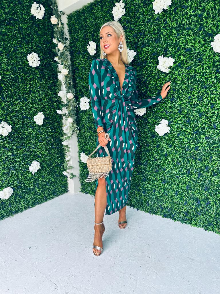 Mercedes Plunge Midi Dress Geo Green