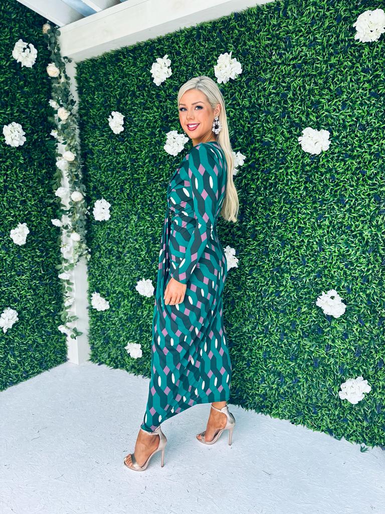 Mercedes Plunge Midi Dress Geo Green