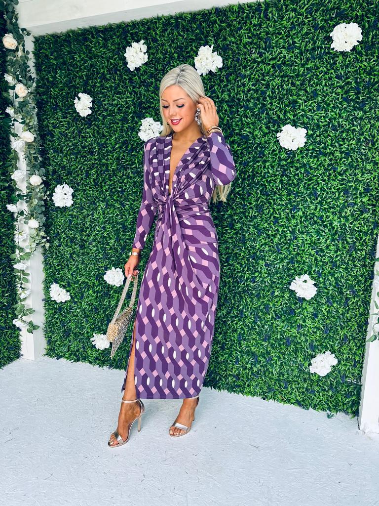 Mercedes Plunge Midi Dress Geo Violet