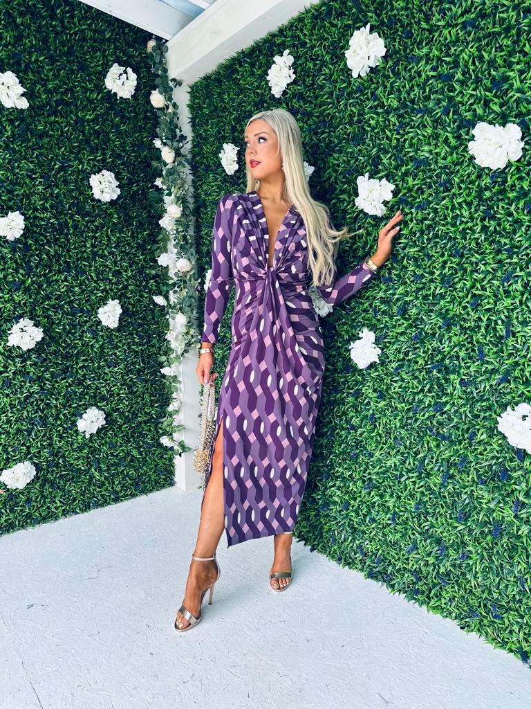 Mercedes Plunge Midi Dress Geo Violet