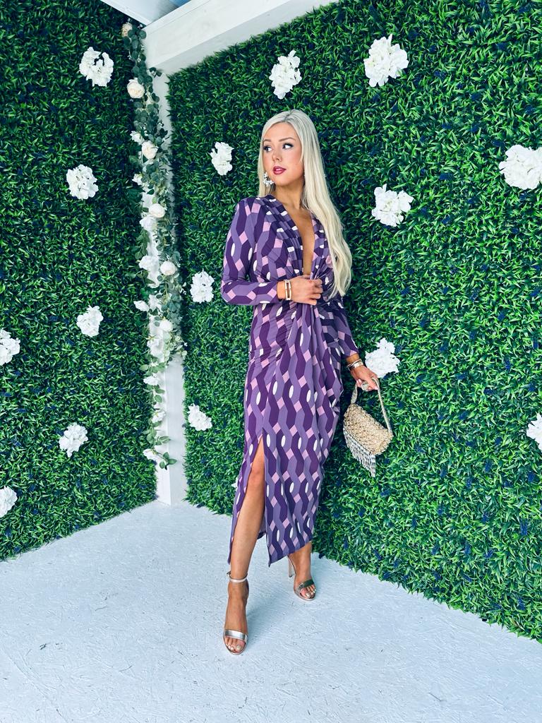 Mercedes Plunge Midi Dress Geo Violet