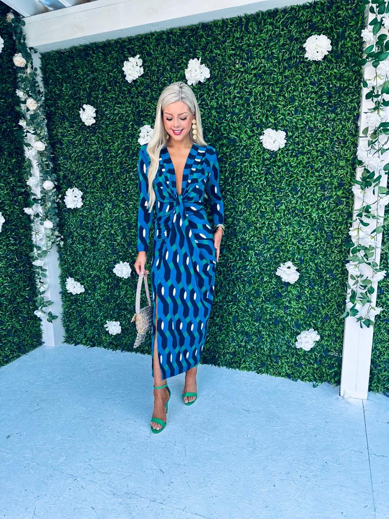 Mercedes Plunge Midi Dress Geo Blue
