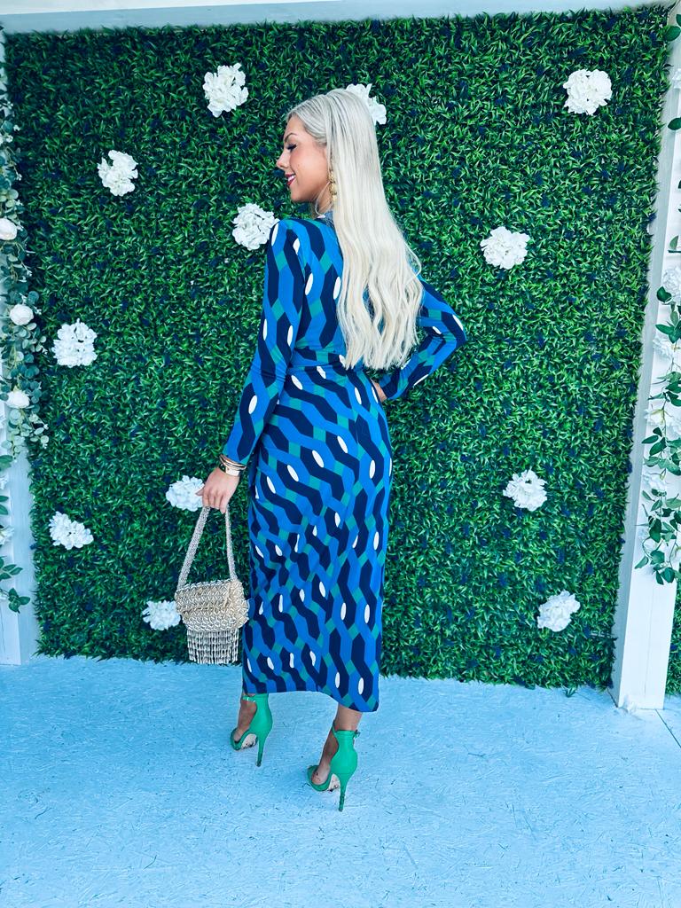 Mercedes Plunge Midi Dress Geo Blue