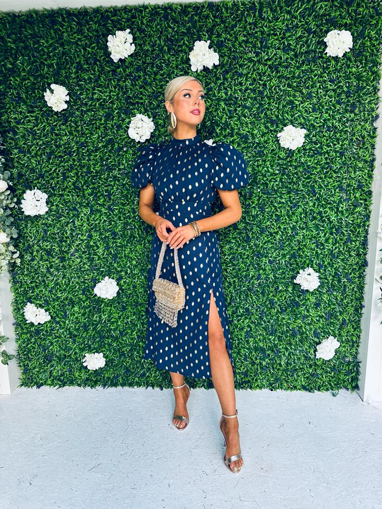 Lilith Puff Sleeve Midi Dress Gold & Navy