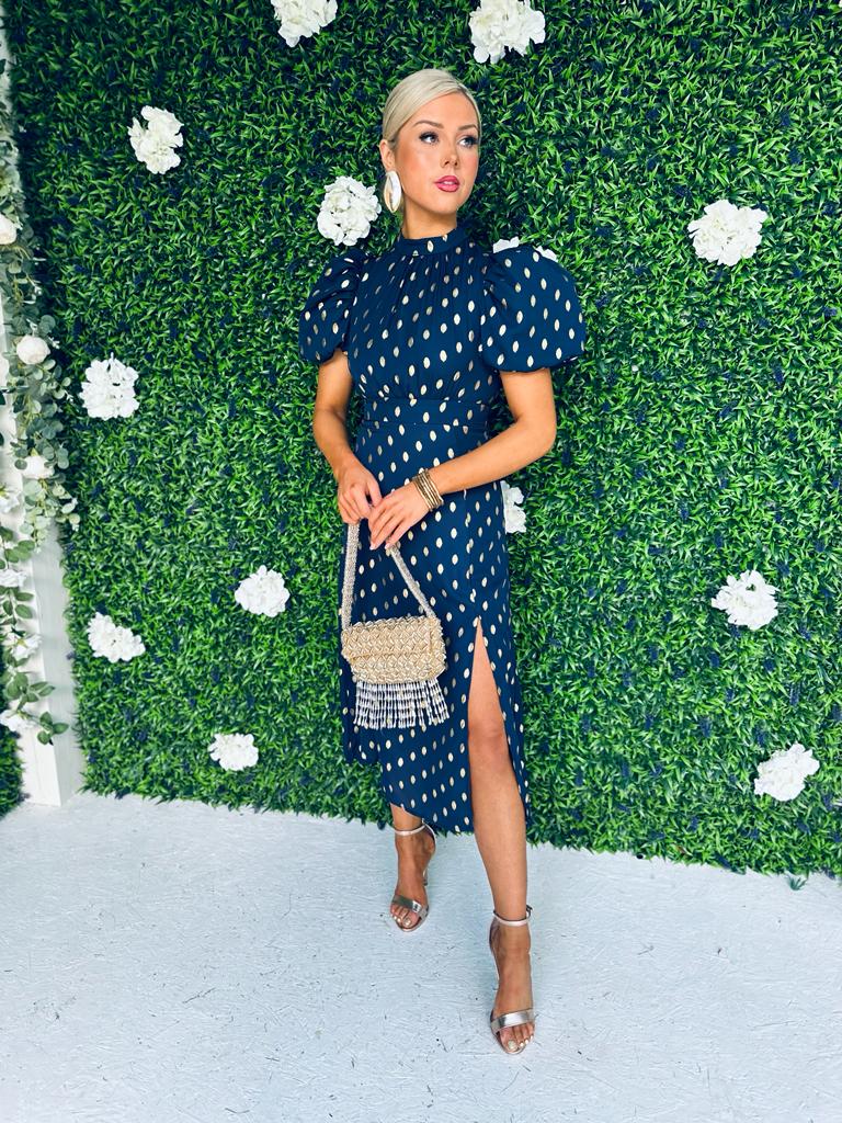 Lilith Puff Sleeve Midi Dress Gold & Navy