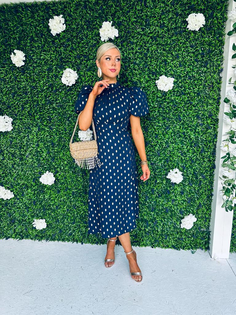 Lilith Puff Sleeve Midi Dress Gold & Navy