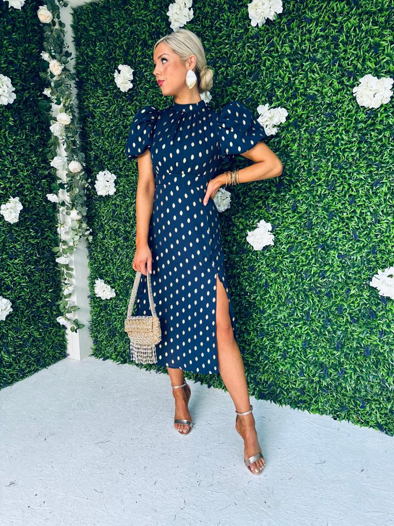 Lilith Puff Sleeve Midi Dress Gold & Navy