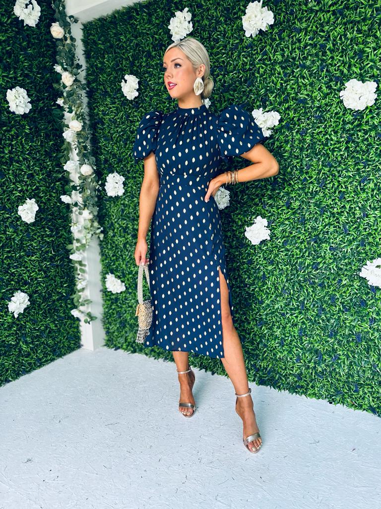 Lilith Puff Sleeve Midi Dress Gold & Navy