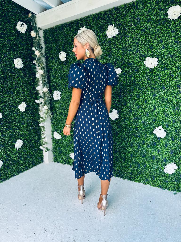 Lilith Puff Sleeve Midi Dress Gold & Navy