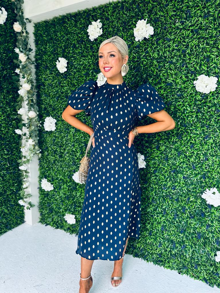 Lilith Puff Sleeve Midi Dress Gold & Navy