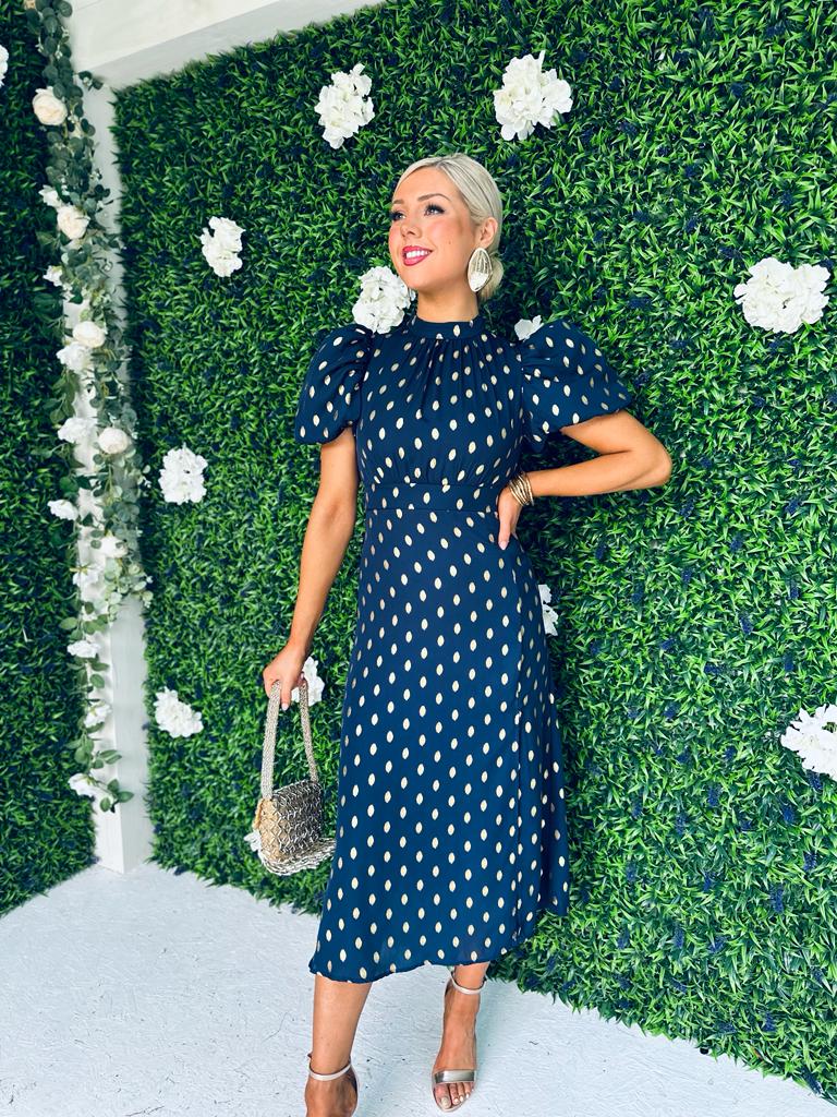 Lilith Puff Sleeve Midi Dress Gold & Navy