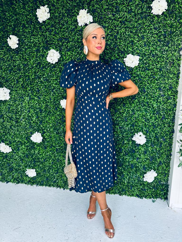Lilith Puff Sleeve Midi Dress Gold & Navy