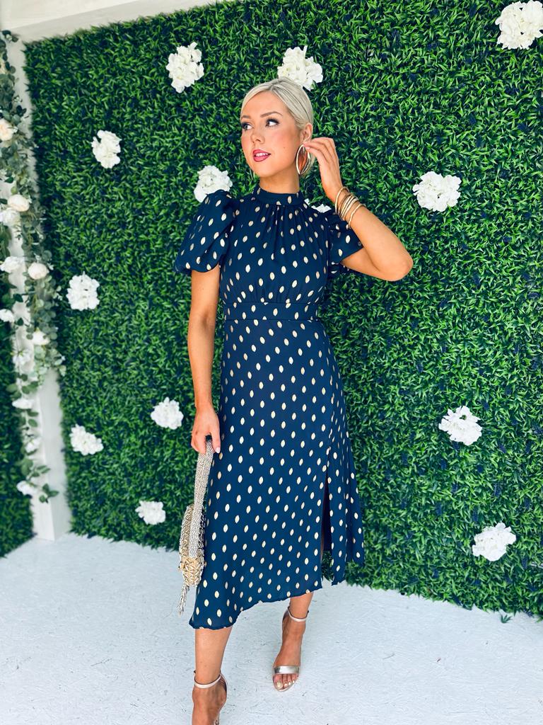 Lilith Puff Sleeve Midi Dress Gold & Navy