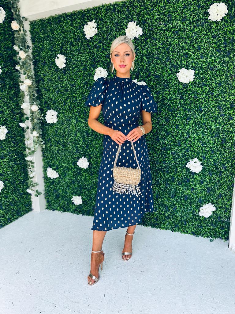 Lilith Puff Sleeve Midi Dress Gold & Navy