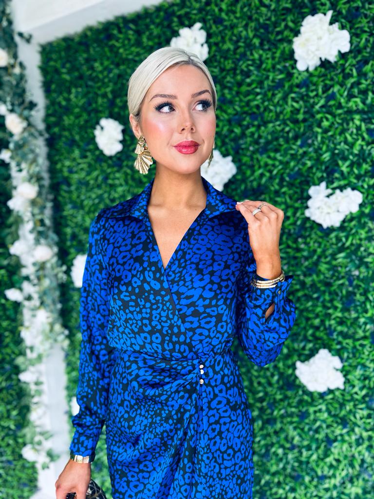 Caitlin Collared Midi Dress Animal Cobalt