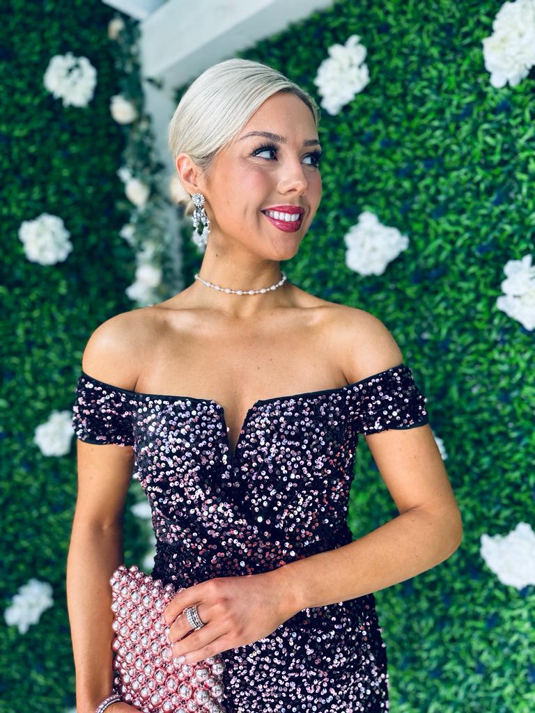Halo Off The Shoulder Sequin Midi Dress Rose Gold