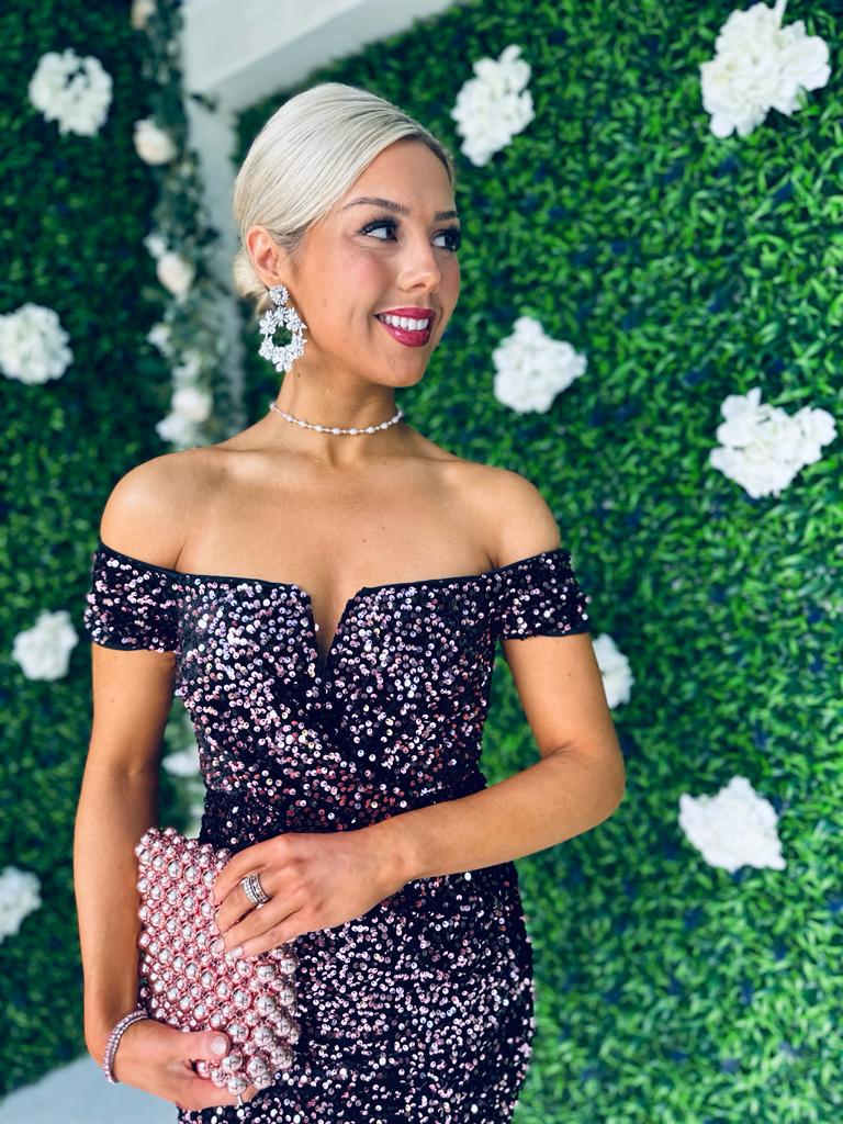 Halo Off The Shoulder Sequin Midi Dress Rose Gold