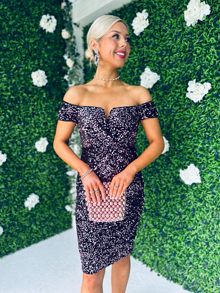 Halo Off The Shoulder Sequin Midi Dress Rose Gold
