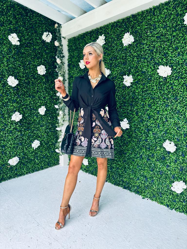 Verity Border Print Tie Detail Mini Shirt Dress