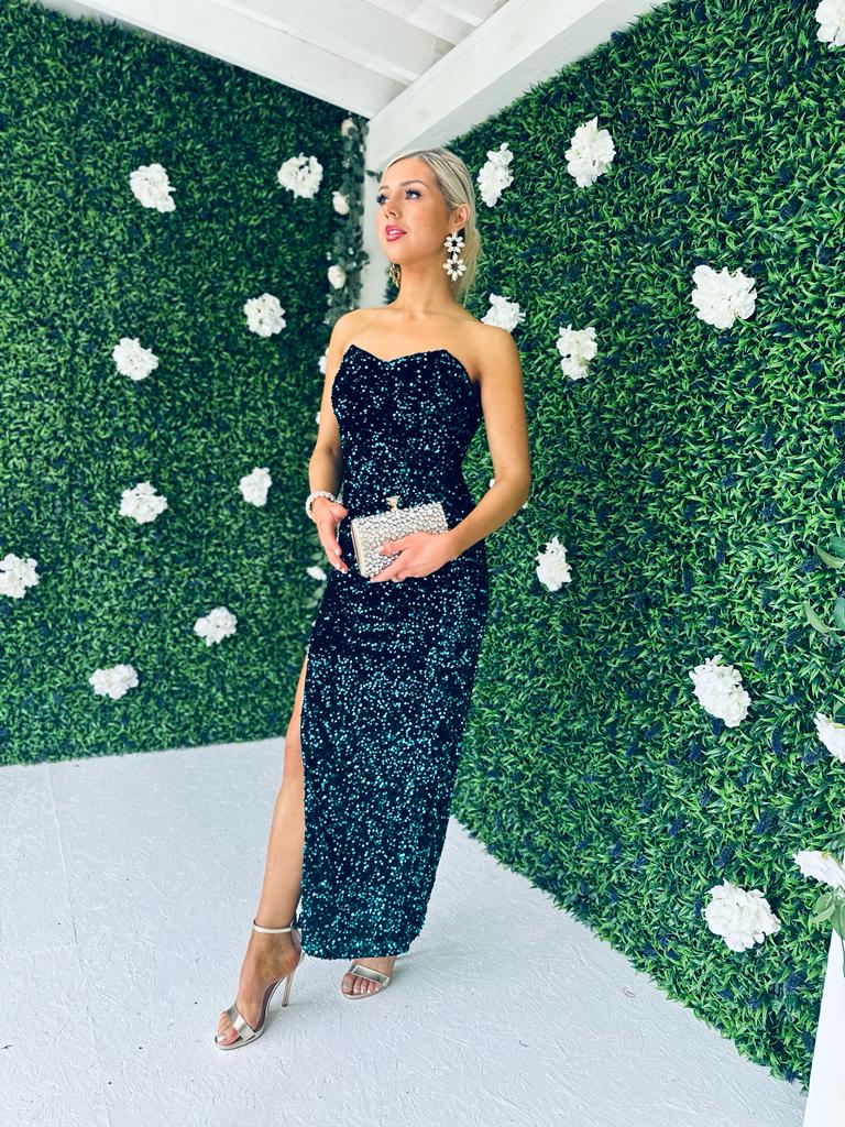 Ava Iridescent Velvet Sequin Maxi Dress Forest