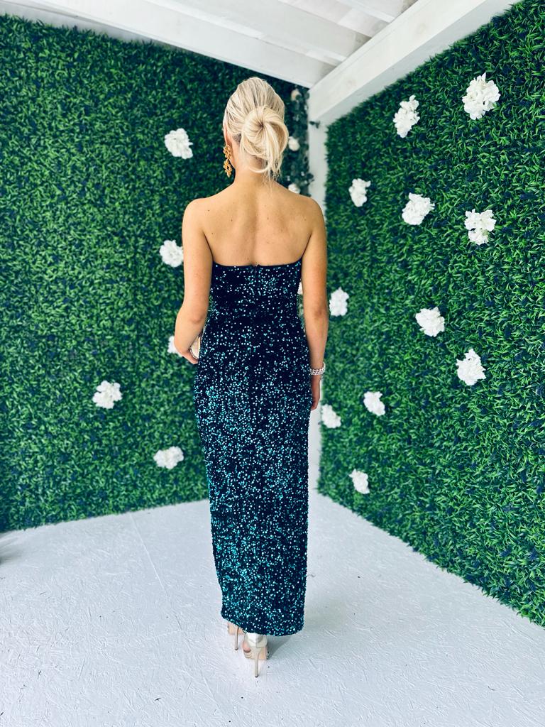 Ava Iridescent Velvet Sequin Maxi Dress Forest
