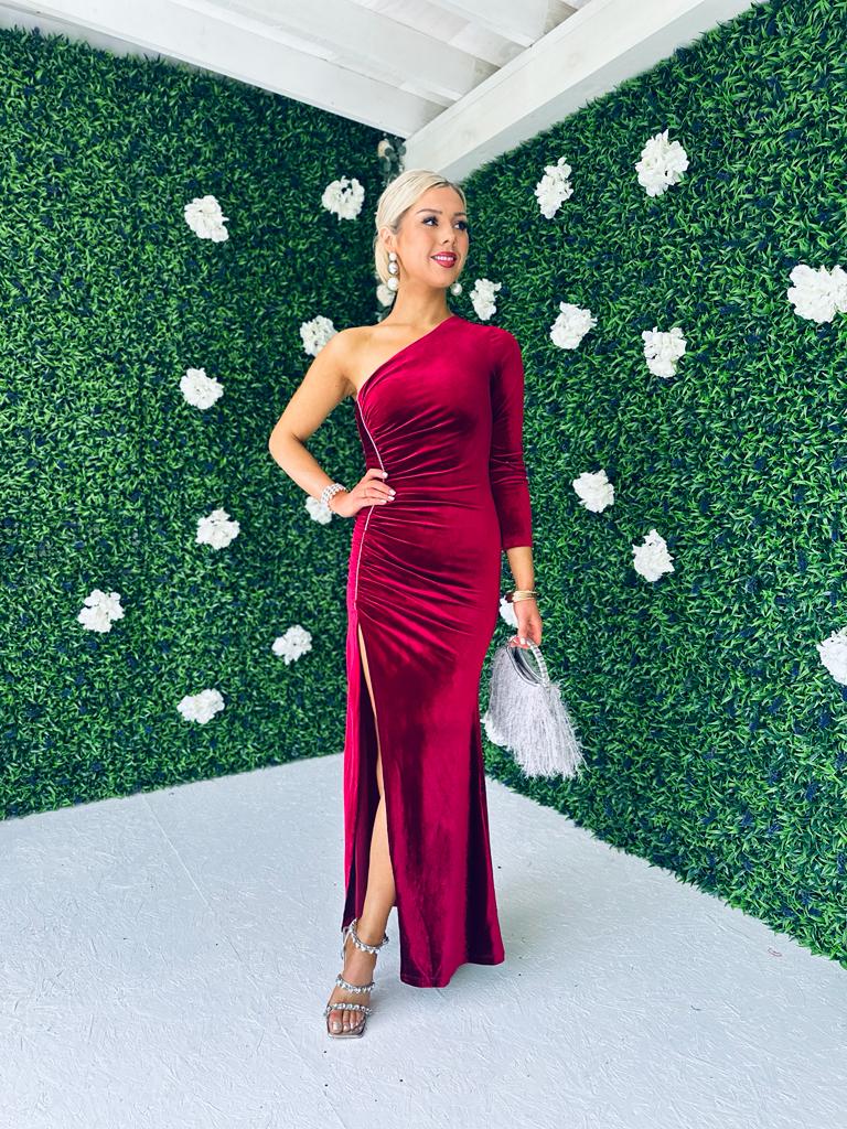 Rayne Velvet One Shoulder Dress Burgundy