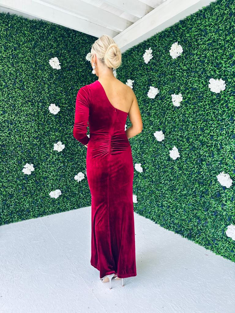 Rayne Velvet One Shoulder Dress Burgundy