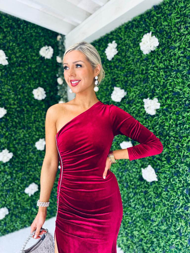 Rayne Velvet One Shoulder Dress Burgundy