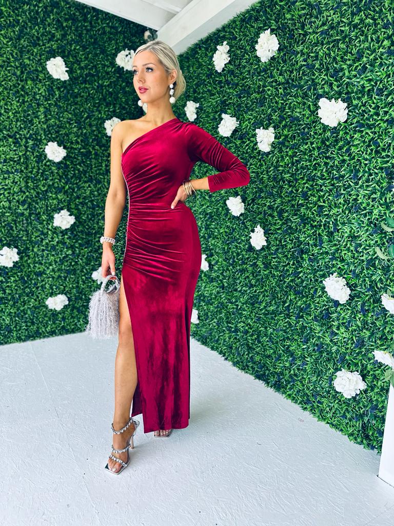 Rayne Velvet One Shoulder Dress Burgundy