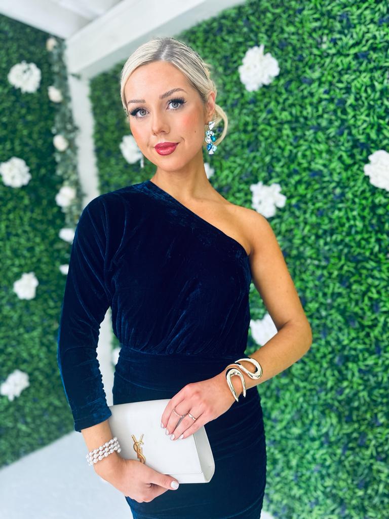 Jordan Velvet One Shoulder Midi Dress Navy