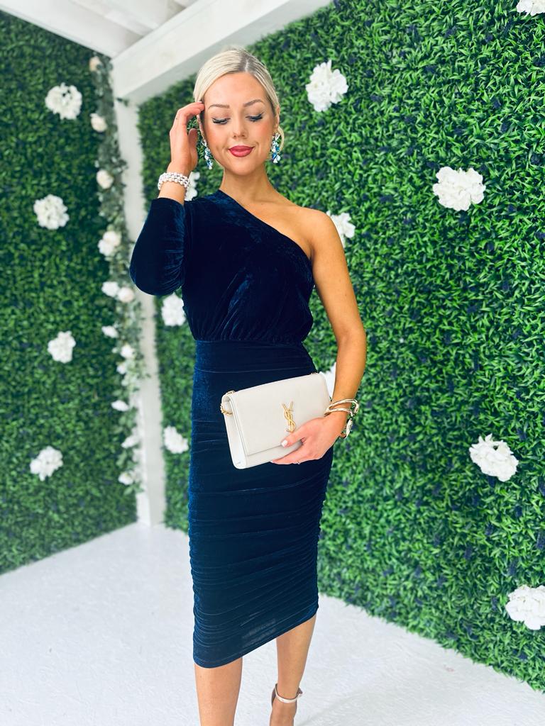 Jordan Velvet One Shoulder Midi Dress Navy