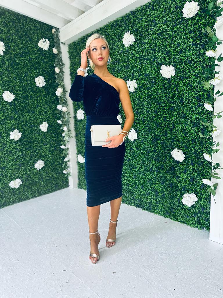 Jordan Velvet One Shoulder Midi Dress Navy