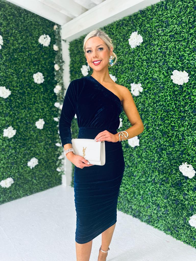 Jordan Velvet One Shoulder Midi Dress Navy