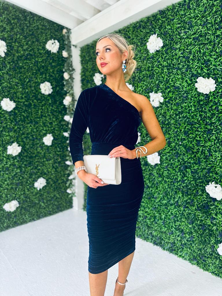 Jordan Velvet One Shoulder Midi Dress Navy