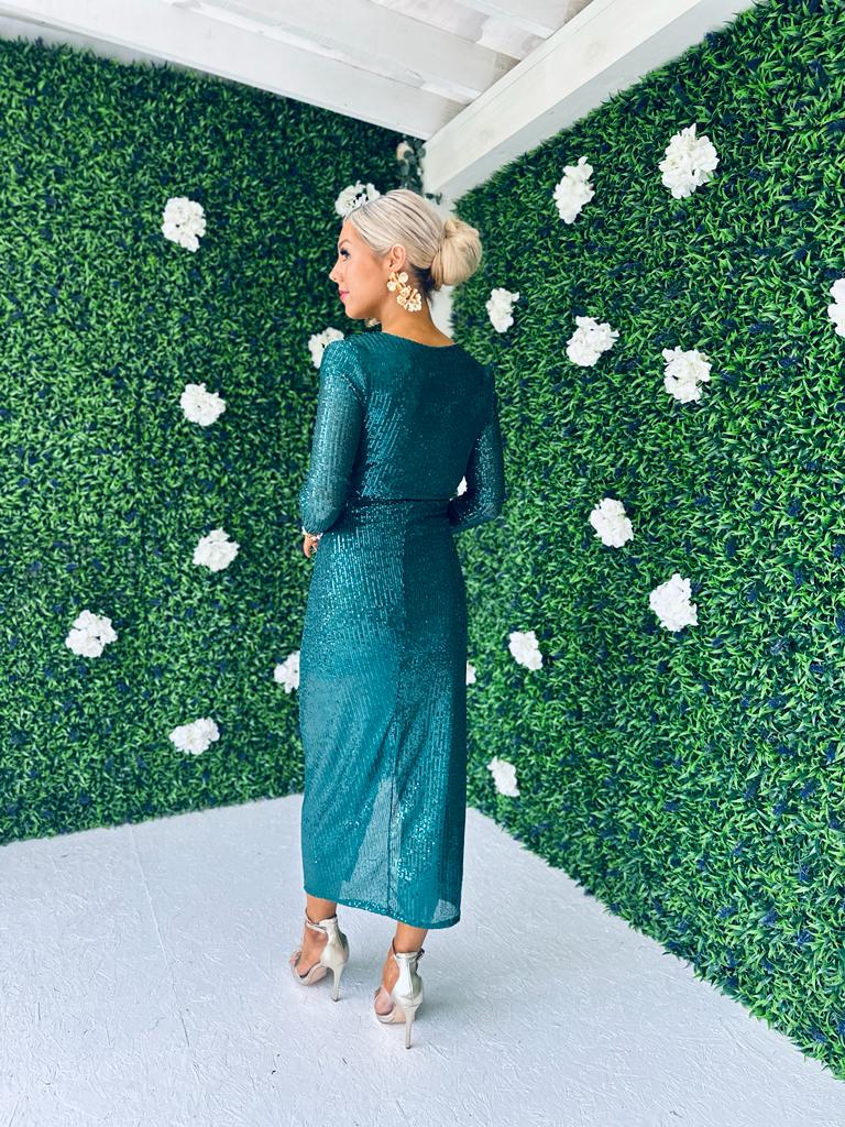 August Full Sleeve Sequin Dress Forest