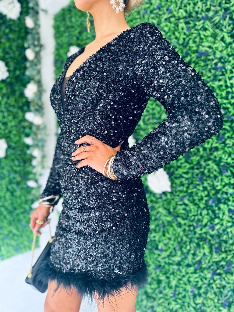 Devon Sequin & Feather Mini Dress Black