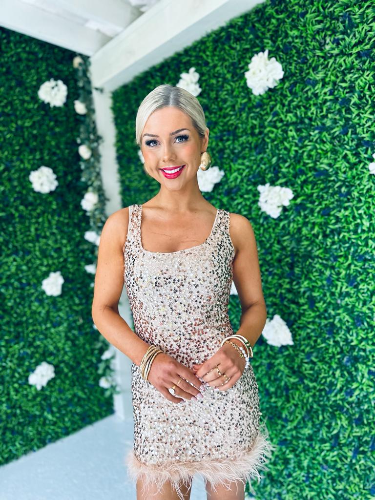 Nova Sequin & Feather Mini Dress Gold