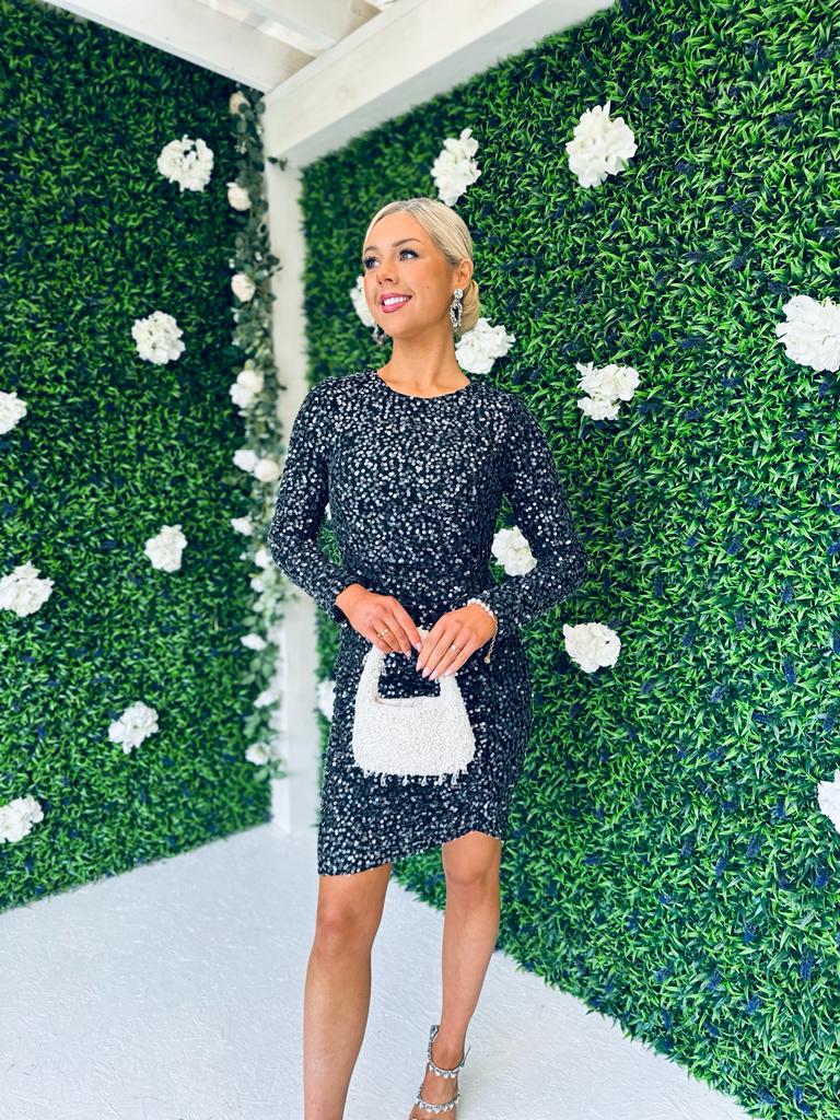 Bianca Ruched Sequin Mini Dress Black