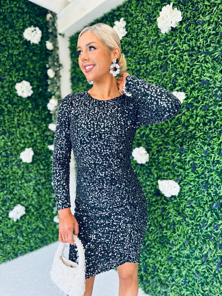 Bianca Ruched Sequin Mini Dress Black