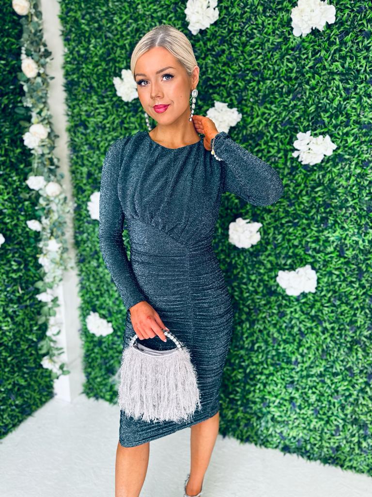 Kathy Glitter Long Sleeve Ruched Dress Teal