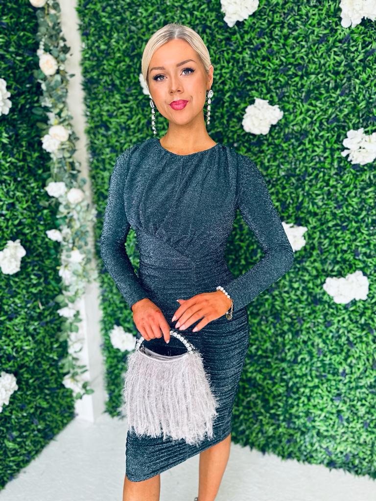 Kathy Glitter Long Sleeve Ruched Dress Teal