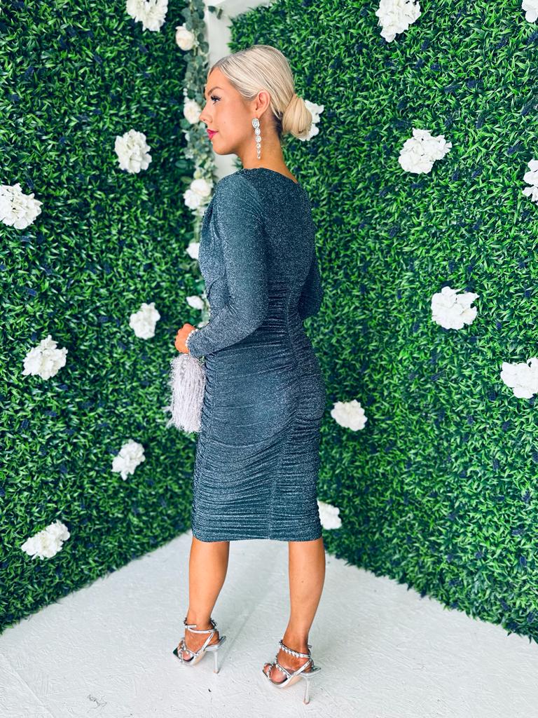 Kathy Glitter Long Sleeve Ruched Dress Teal