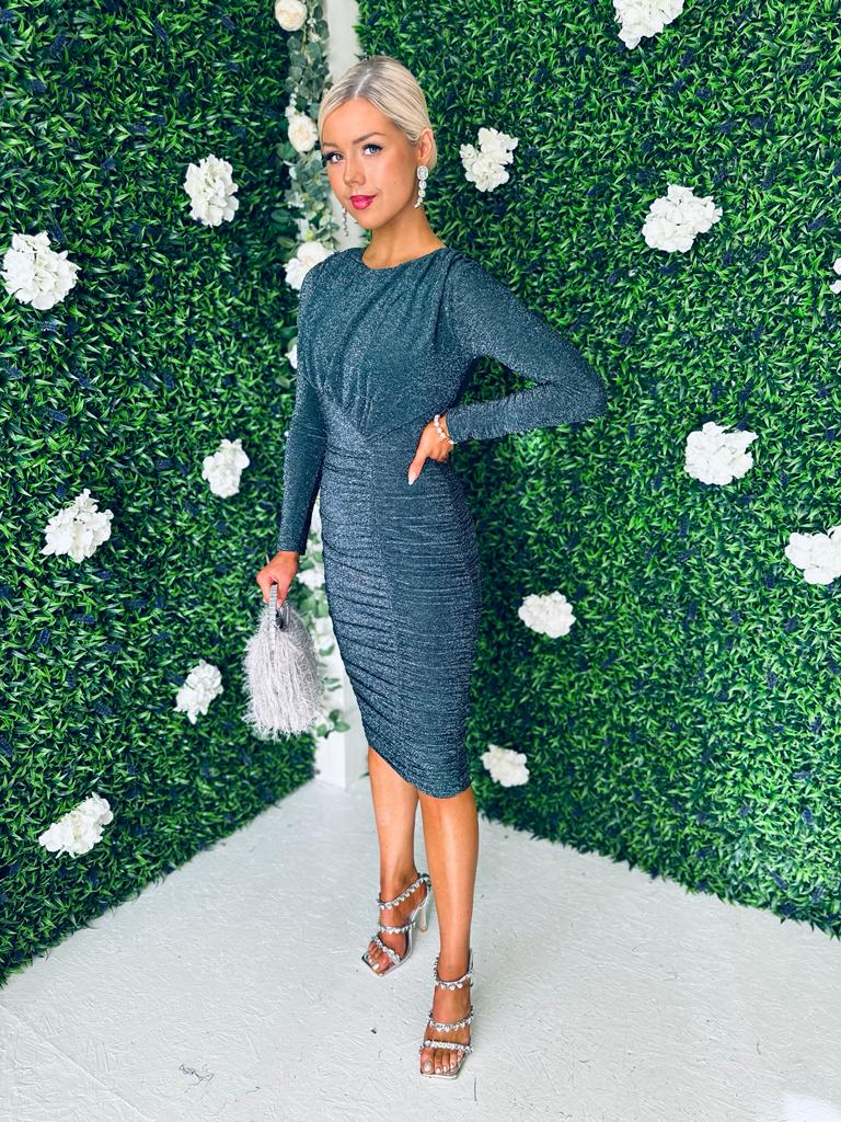 Kathy Glitter Long Sleeve Ruched Dress Teal
