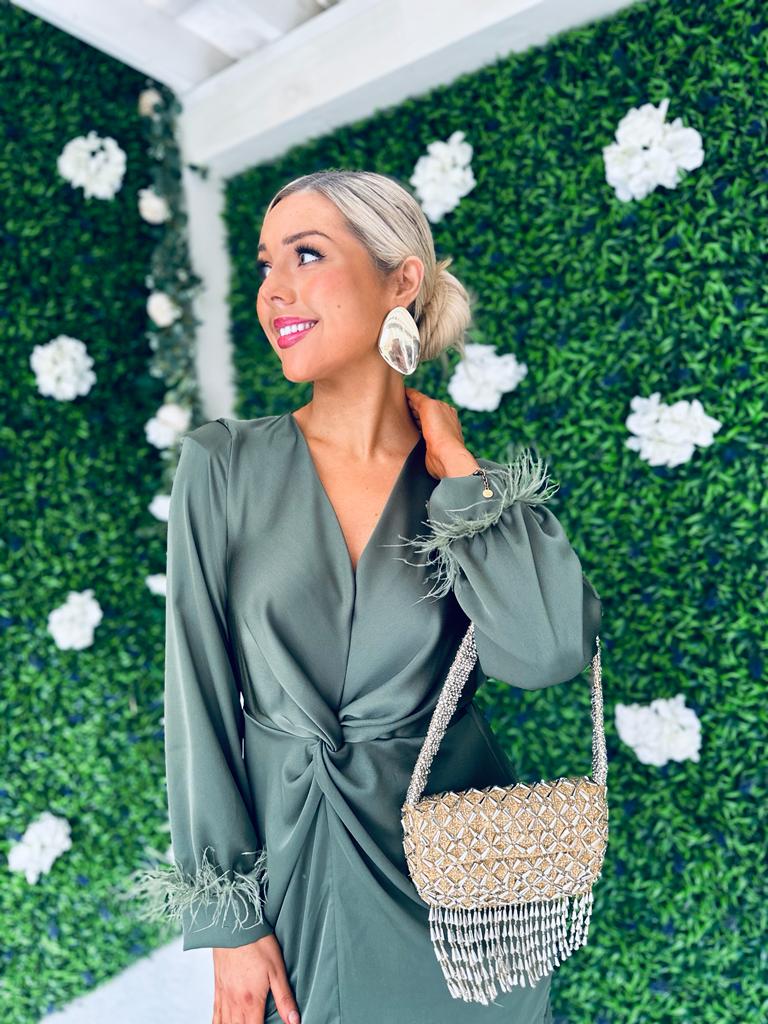 Cameron Knot & Feather Detail Dress Khaki