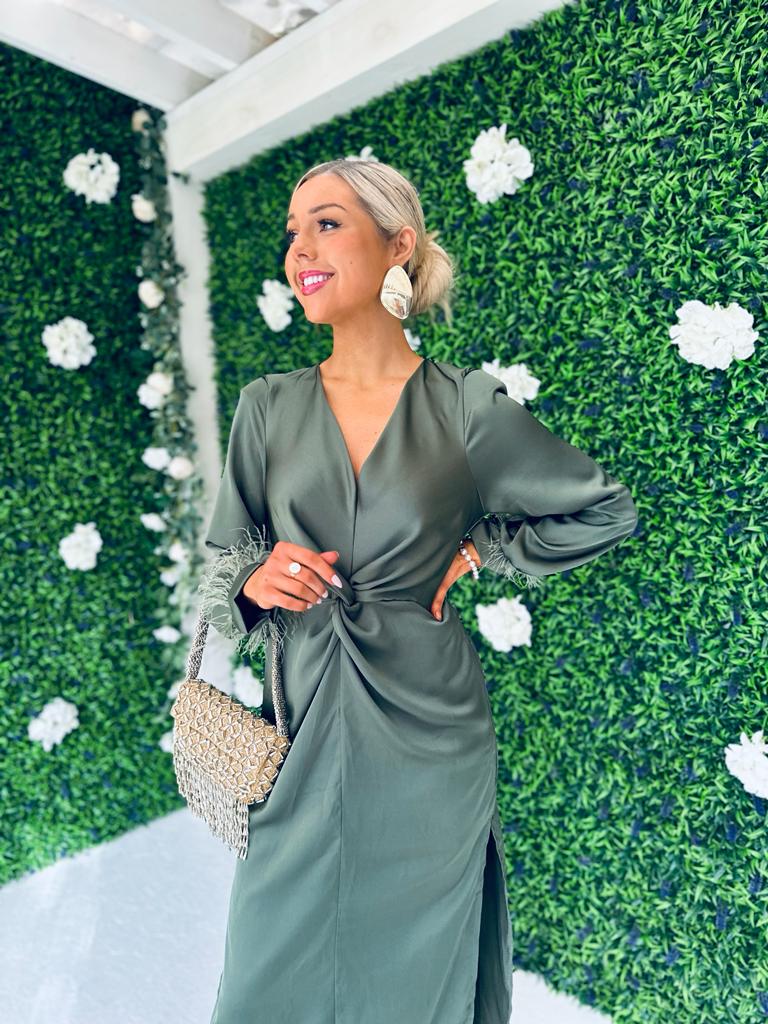 Cameron Knot & Feather Detail Dress Khaki