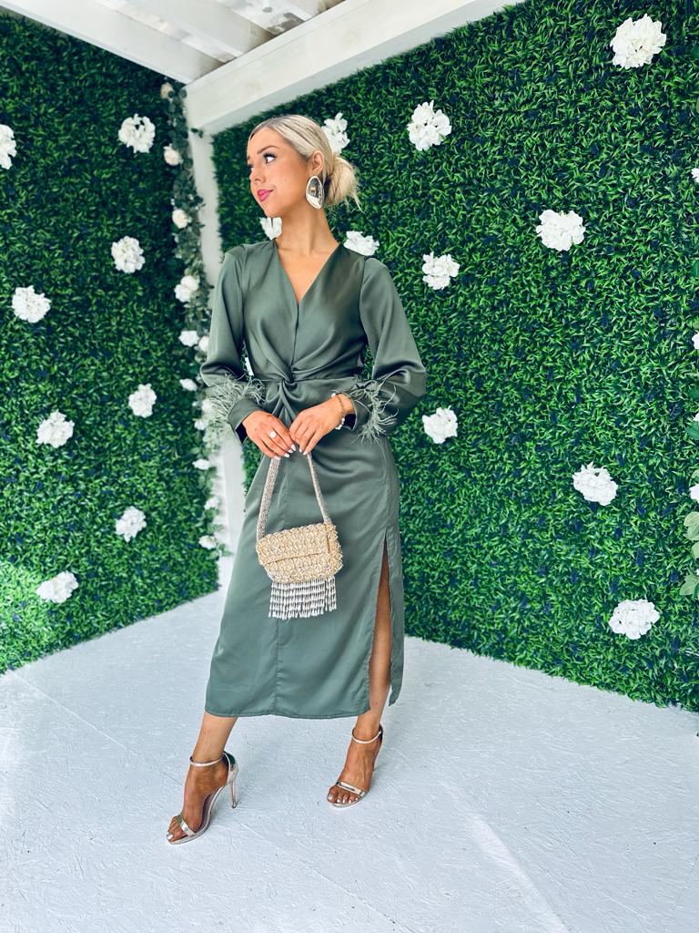 Cameron Knot & Feather Detail Dress Khaki